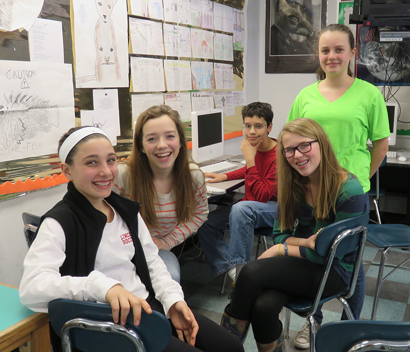 The eighth-grade warrant article group, left to right: Amalia Munn, Allie Dwyer, Colin Christian, Greer Harnden and Elena Christenfeld.